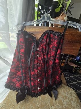 Red Lace Overbust Corset Bustier with Black Trim